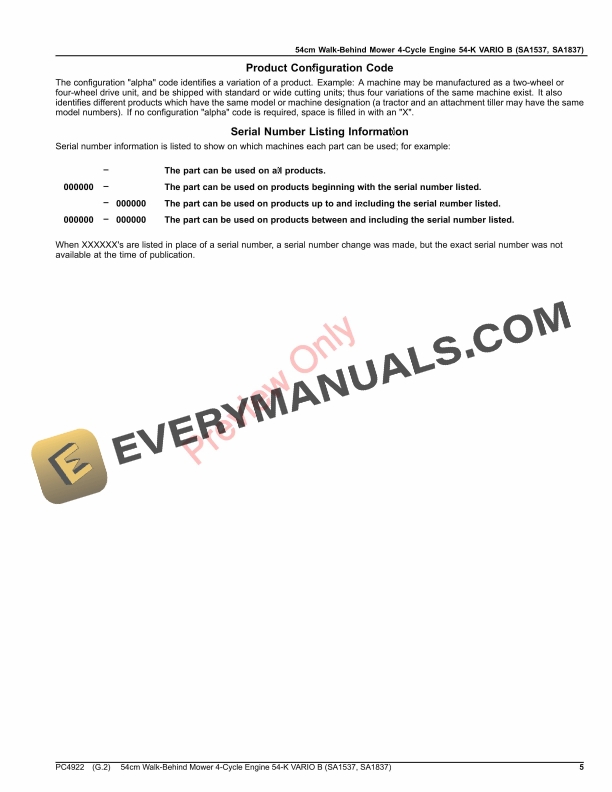 John Deere 54cm Walk-Behind Mower 4-Cycle Engine 54 Parts Catalog PC4922 21FEB20 6 John Deere 54cm Walk-Behind Mower 4-Cycle Engine 54 Parts Catalog PC4922 21FEB20-5