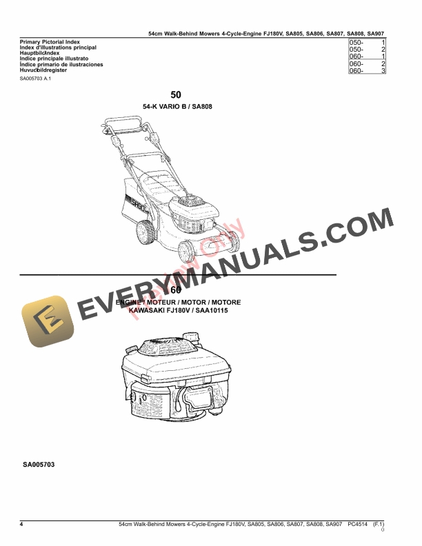 John Deere 54cm Walk-Behind Mowers 4-Cycle Engine FJ180V, SA805, SA806, SA807, SA808, SA907 Parts Catalog PC4514 21MAR23-4