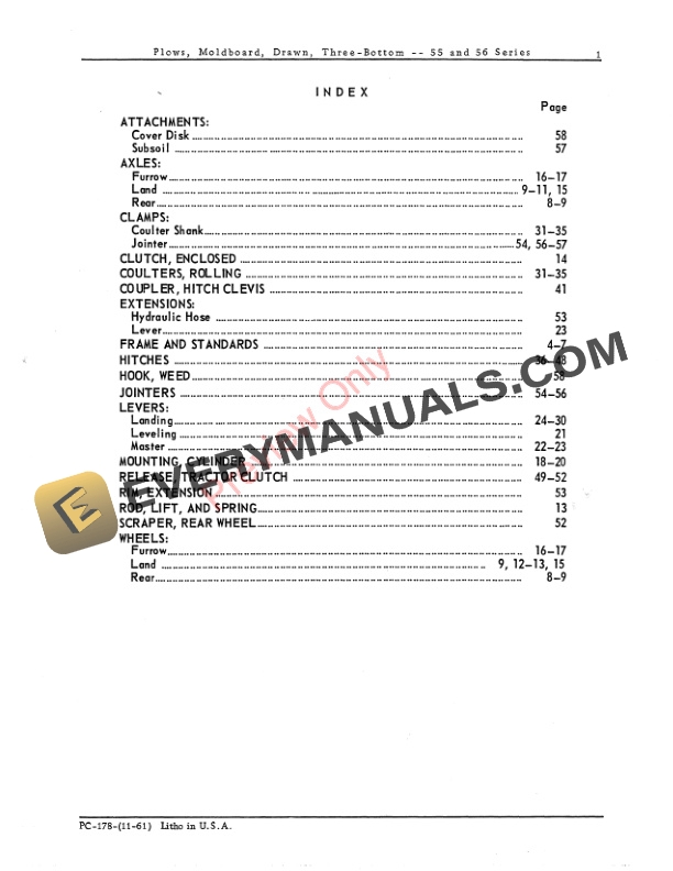 John Deere 55, 56 Series Drawn Moldboard Plow – 3 Bottom Parts Catalog PC178 01NOV61-3