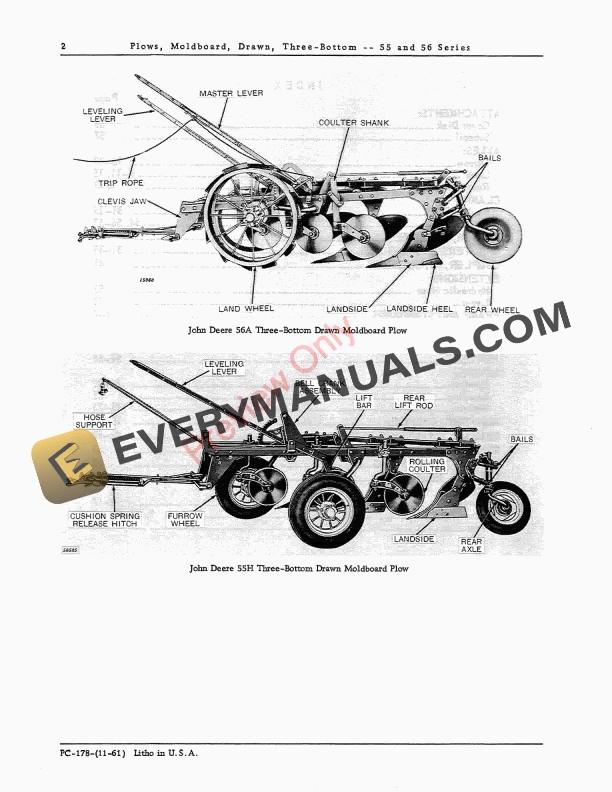 John Deere 55, 56 Series Drawn Moldboard Plow – 3 Bottom Parts Catalog PC178 01NOV61-4