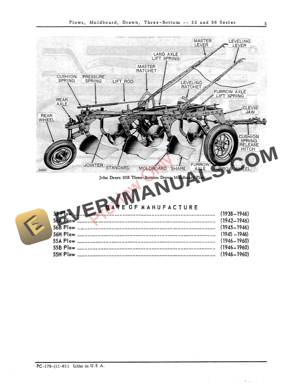 John Deere 55, 56 Series Drawn Moldboard Plow – 3 Bottom Parts Catalog PC178 01NOV61-5
