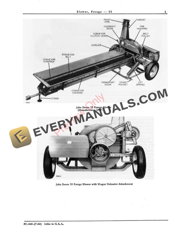 John Deere 55 Forage Blower Parts Catalog PC548 01JUL62-3