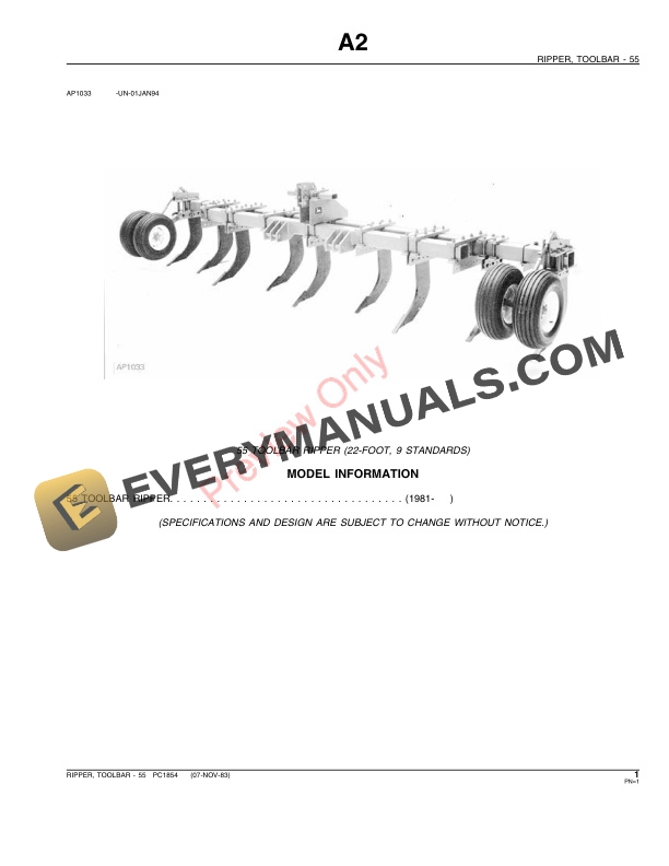 John Deere 55 Toolbar Ripper Parts Catalog PC1854 24SEP85-3