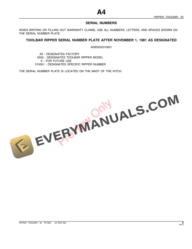 John Deere 55 Toolbar Ripper Parts Catalog PC1854 24SEP85-5