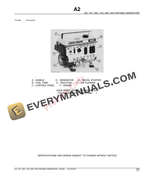 John Deere 550, 750, 1000, 1100, 1400 Portable Generators Parts Catalog PC2025 22APR86-3