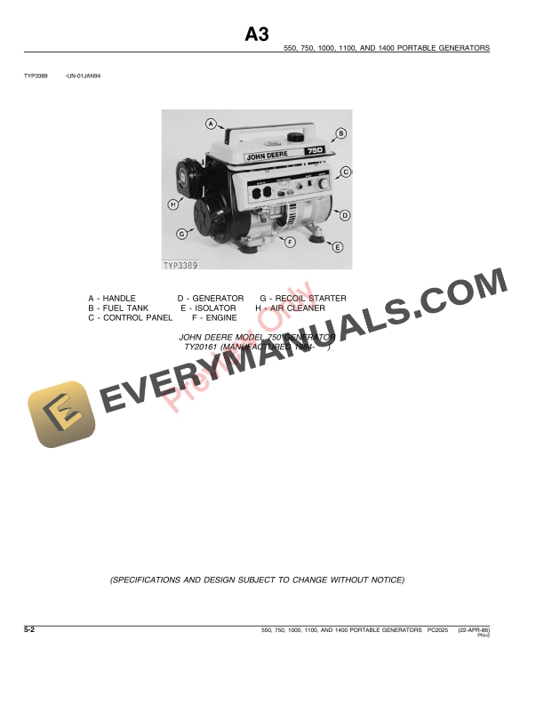 John Deere 550, 750, 1000, 1100, 1400 Portable Generators Parts Catalog PC2025 22APR86-4