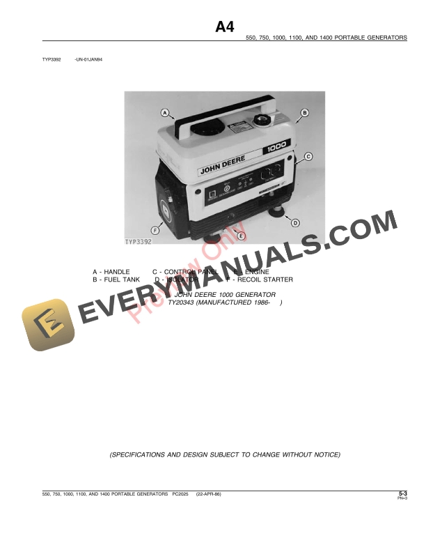 John Deere 550, 750, 1000, 1100, 1400 Portable Generators Parts Catalog PC2025 22APR86-5