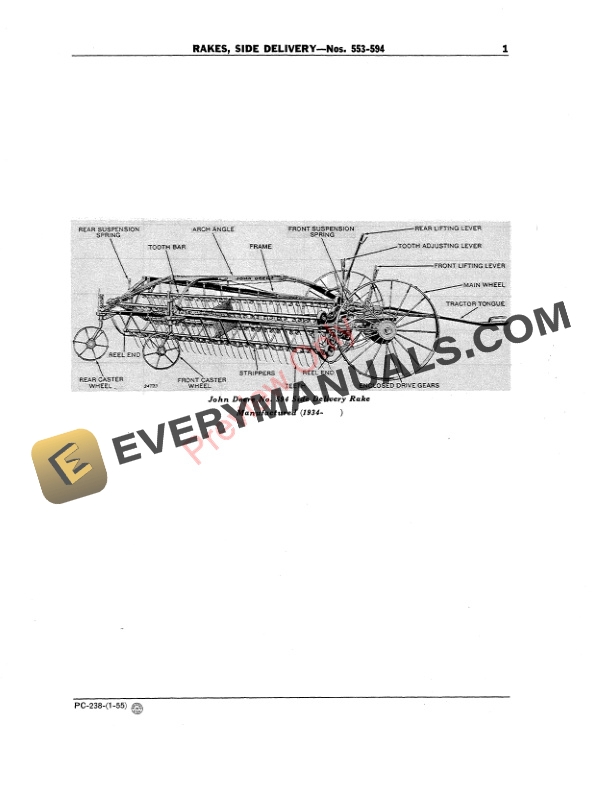 John Deere 553 thru 594 Hay Rake, Side Delivery Parts Catalog PC238 01JAN55-3