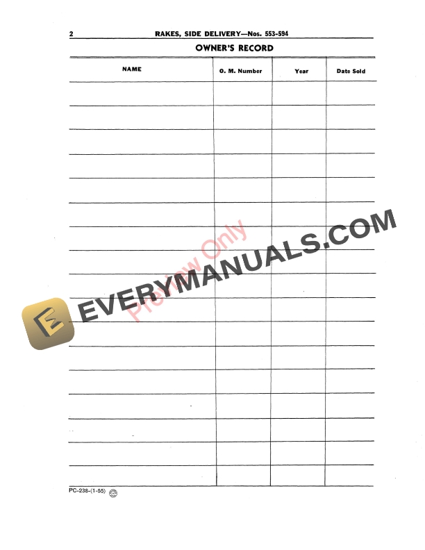 John Deere 553 thru 594 Hay Rake, Side Delivery Parts Catalog PC238 01JAN55-4