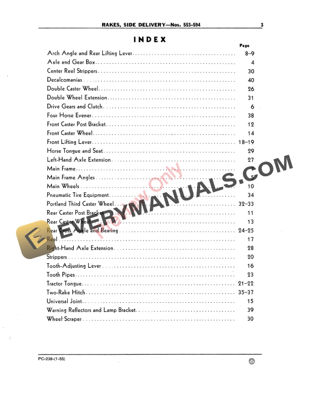 John Deere 553 thru 594 Hay Rake, Side Delivery Parts Catalog PC238 01JAN55-5