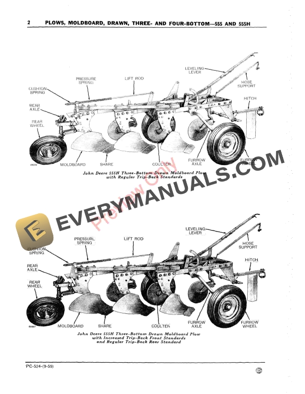 John Deere 555, 555H Three-, Four-Bottom Drawn Moldboard Plows Parts Catalog PC524 01DEC60-4