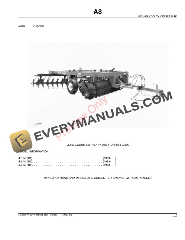 John Deere 555 Offset Disk Parts Catalog PC1956 21SEP88-3