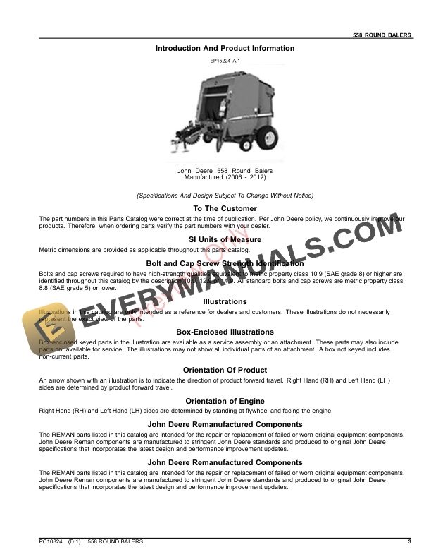 John Deere 558 ROUND BALERS Parts Catalog PC10824 24AUG23 3