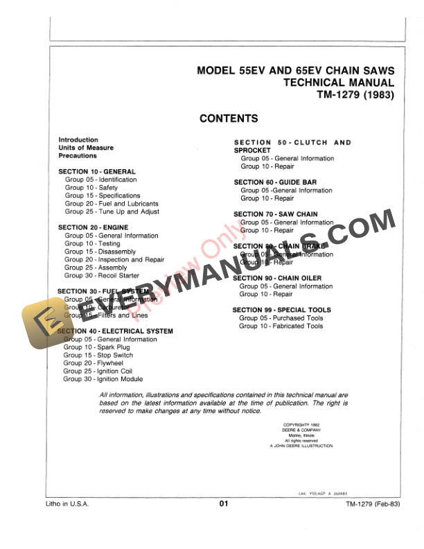 John Deere 55EV and 65EV CHAIN SAW Technical Manual TM1279 01FEB83 3