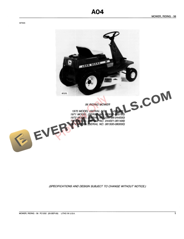 John Deere 56 Riding Mower Parts Catalog PC1202 20SEP93-3