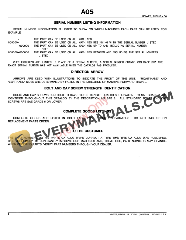 John Deere 56 Riding Mower Parts Catalog PC1202 20SEP93-4