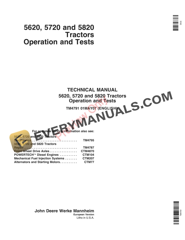 John Deere 5620, 5720, 5820 Tractor Technical Manual TM4791 01MAY07-1