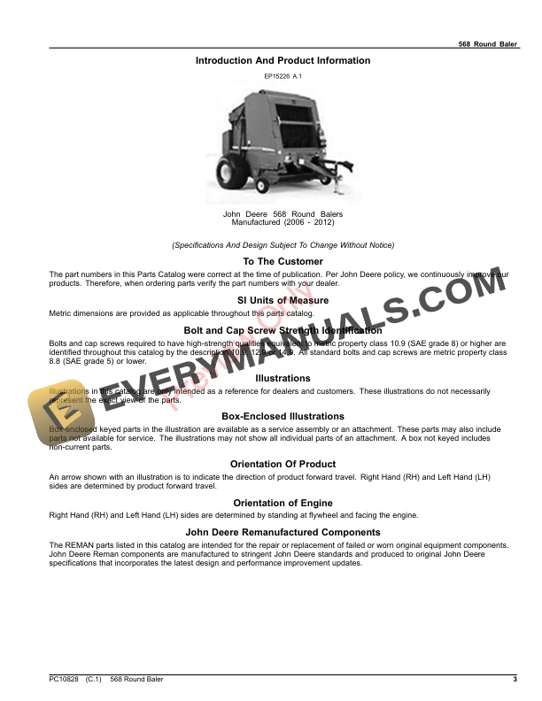 John Deere 568 Round Baler Parts Catalog PC10828 20AUG23 4 John Deere 568 Round Baler Parts Catalog PC10828 20AUG23 3