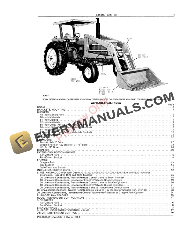 John Deere 58 Farm Loader Parts Catalog PC1267 01FEB80-3