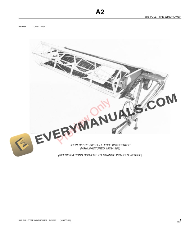 John Deere 580 Pull-Type Windrower Parts Catalog PC1697 16OCT92-3