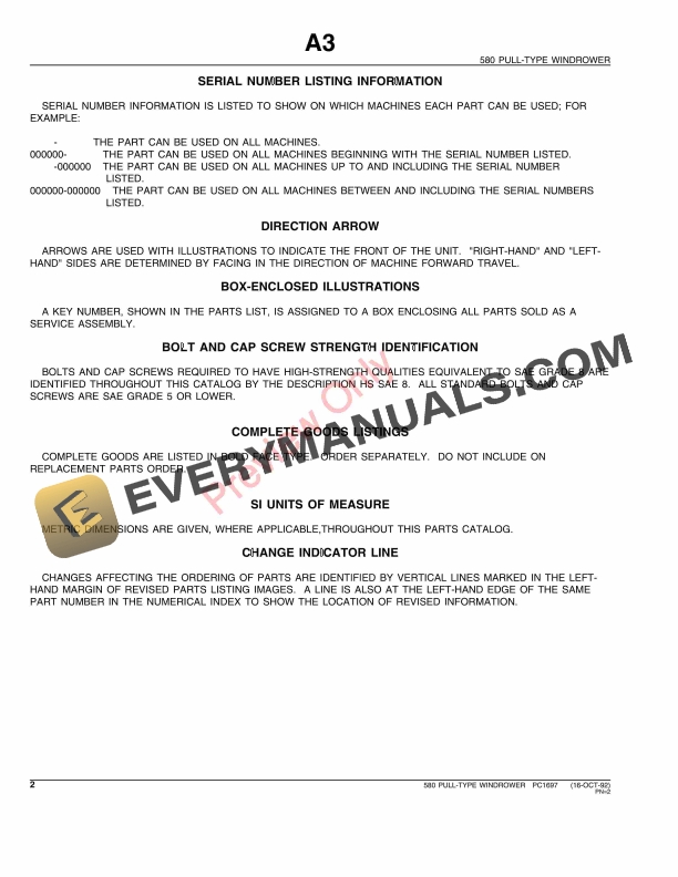 John Deere 580 Pull-Type Windrower Parts Catalog PC1697 16OCT92-4