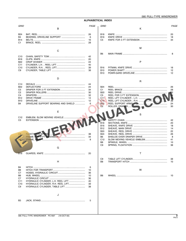 John Deere 580 Pull-Type Windrower Parts Catalog PC1697 16OCT92-5