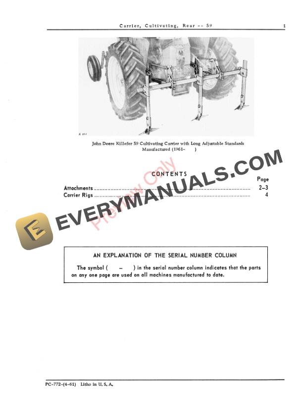 John Deere 59 Rear Carrier Cultivator Parts Catalog PC772 01APR61-3