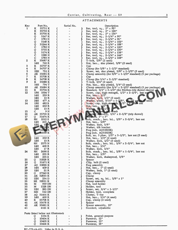 John Deere 59 Rear Carrier Cultivator Parts Catalog PC772 01APR61-5