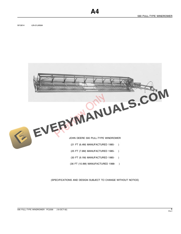 John Deere 590 Pull-Type Windrower Parts Catalog PC2058 16OCT92-3