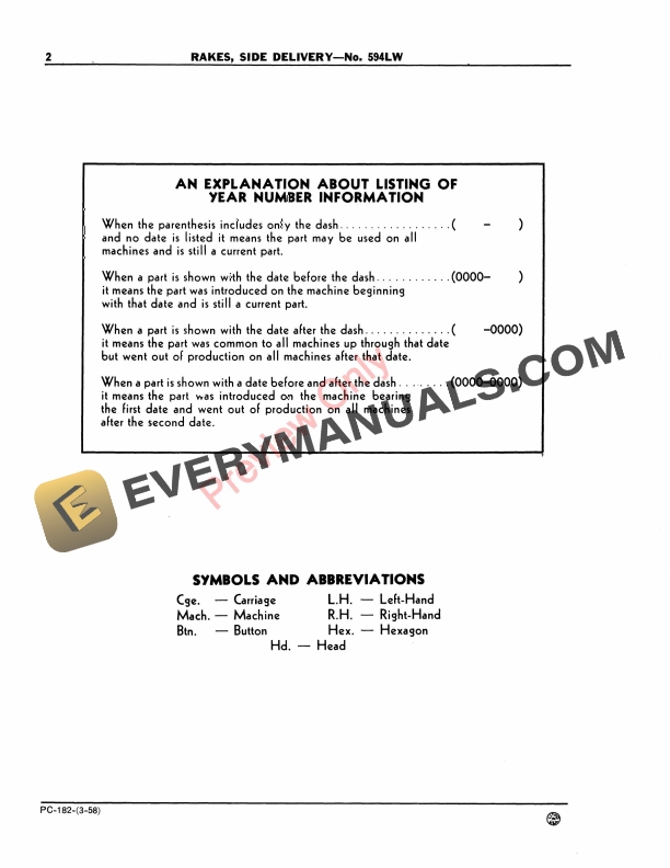 John Deere 594LW Hay Rake, Side Delivery Parts Catalog PC182 01MAR58-4