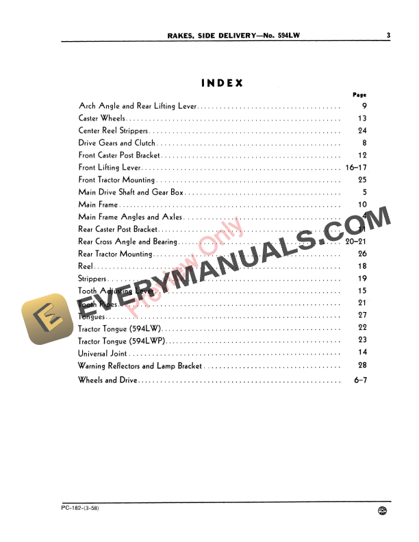 John Deere 594LW Hay Rake, Side Delivery Parts Catalog PC182 01MAR58-5