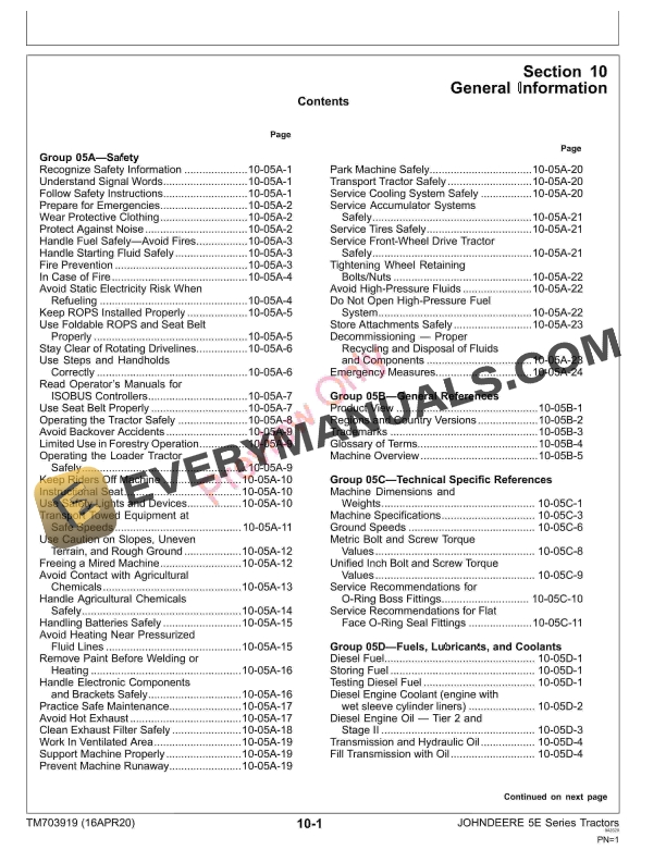 John Deere 5E 804 5E 850 5E 854 5E 904 5E Repair Technical Manual TM703919 16APR20 5