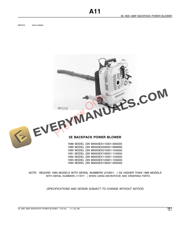 John Deere 5E and 45BP Backpack Power Blower Parts Catalog PC2162 11JUL96-3