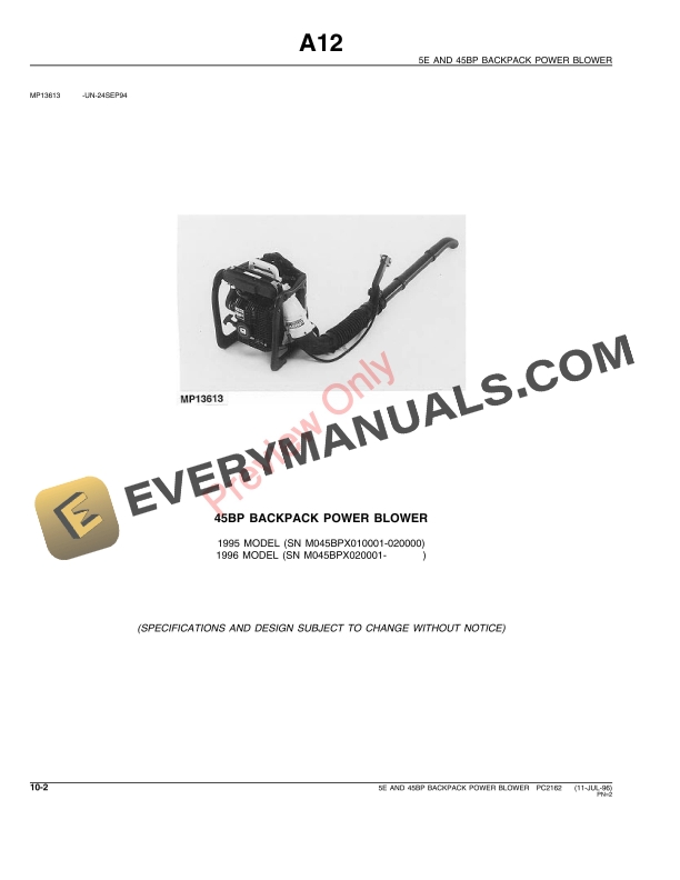 John Deere 5E and 45BP Backpack Power Blower Parts Catalog PC2162 11JUL96-4