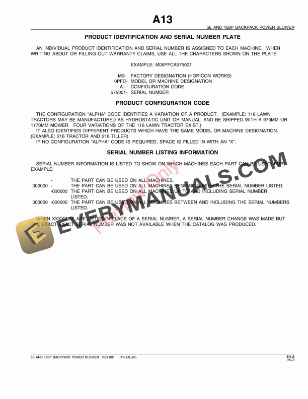 John Deere 5E and 45BP Backpack Power Blower Parts Catalog PC2162 11JUL96-5