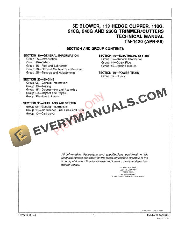 John Deere 5E2BV Blower, 113172 Clipper, 110G, 210G, 240G 260G TrimmerCutters Technical Manual TM1430 01APR88 4 John Deere 5E2BV Blower 113172 Clipper 110G 210G 240G 260G TrimmerCutters Technical Manual TM1430 01APR88 3