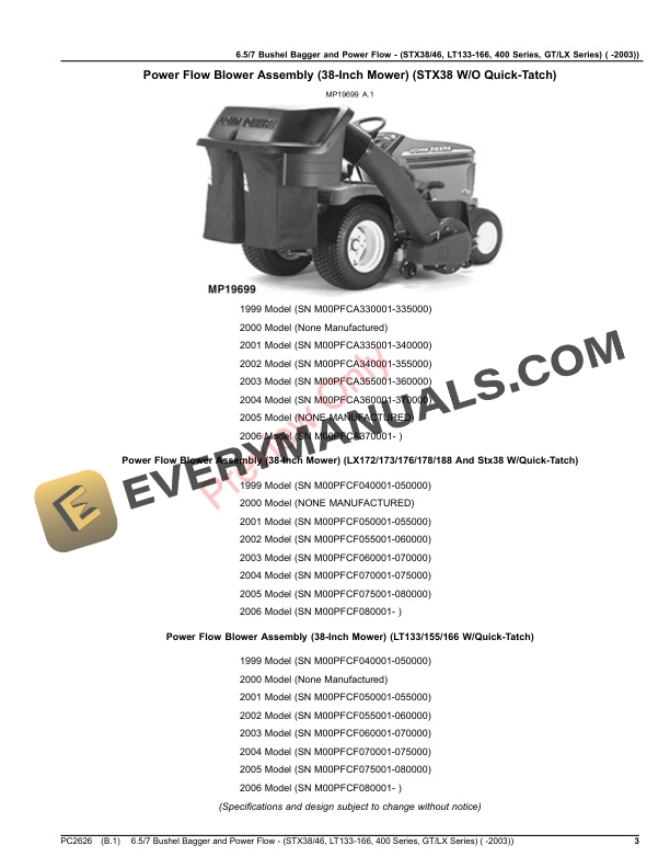 John Deere 6.57 BUSHEL BAGGER AND POWER FLOW (FOR STX3846, LT133 Parts Catalog PC2626 23NOV23 4 John Deere 6.57 BUSHEL BAGGER AND POWER FLOW (FOR STX3846, LT133 Parts Catalog PC2626 23NOV23-3
