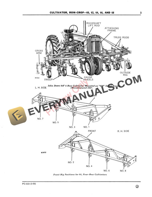 John Deere 60, 62, 64, 66, 68 Cultivators Parts Catalog PC533 01FEB60-5
