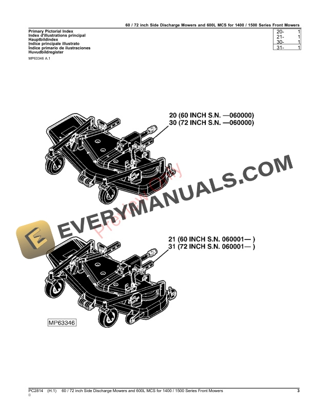 John Deere 60 72 inch Side Discharge Mowers and 600L MCS for 14001500 Series Front Mowers Parts Catalog PC2814 21NOV23 4 John Deere 60 72 inch Side Discharge Mowers and 600L MCS for 14001500 Series Front Mowers Parts Catalog PC2814 21NOV23-3