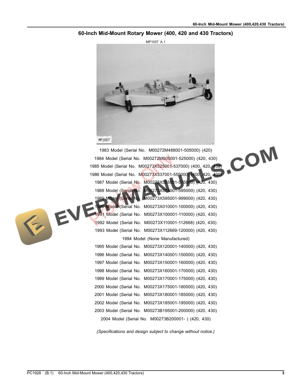 John Deere 60-INCH MID-MOUNT ROTARY MOWER (400, 420, AND 430 TRACTORS) Parts Catalog PC1928 29DEC21-3