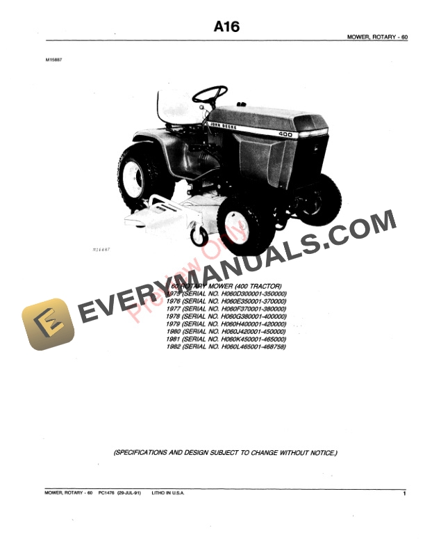John Deere 60-Inch Tractor-Mounted Mower (400 Tractor) Parts Catalog PC1476 29JUL91 4 John Deere 60-Inch Tractor-Mounted Mower (400 Tractor) Parts Catalog PC1476 29JUL91-3