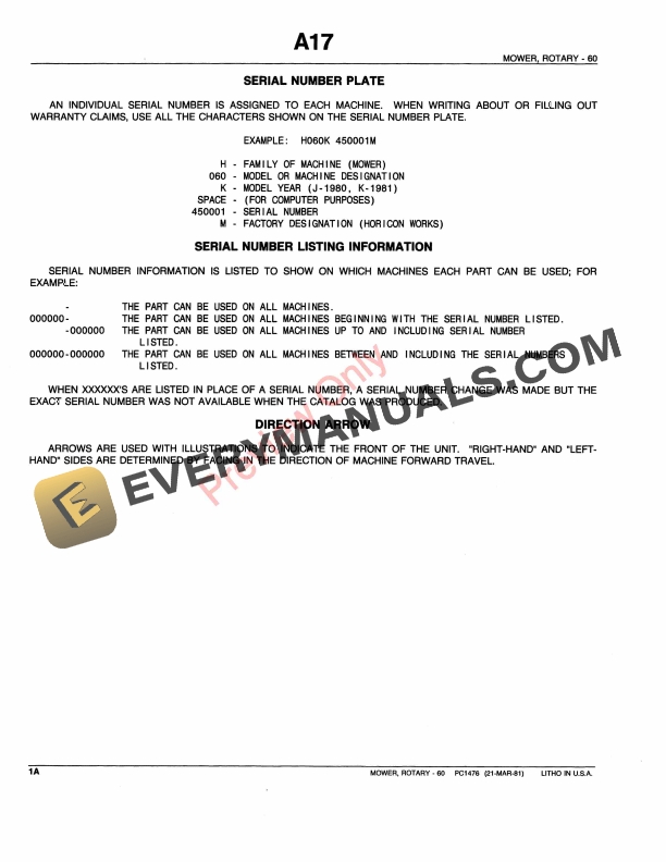 John Deere 60-Inch Tractor-Mounted Mower (400 Tractor) Parts Catalog PC1476 29JUL91 5 John Deere 60-Inch Tractor-Mounted Mower (400 Tractor) Parts Catalog PC1476 29JUL91-4