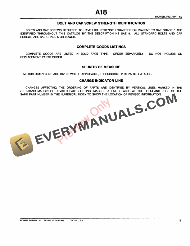 John Deere 60-Inch Tractor-Mounted Mower (400 Tractor) Parts Catalog PC1476 29JUL91 6 John Deere 60-Inch Tractor-Mounted Mower (400 Tractor) Parts Catalog PC1476 29JUL91-5