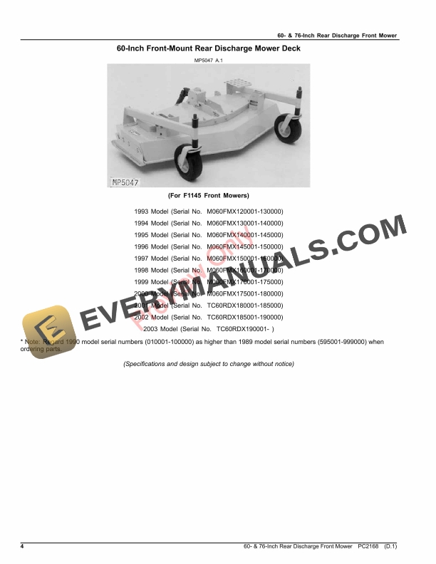 John Deere 60-Inch and 76-Inch Front Mounted Rear Discharge Mower Decks Parts Catalog PC2168 21SEP23-4