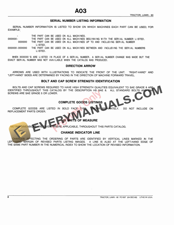 John Deere 60 Lawn Tractors000001 008000 Parts Catalog PC1007 04DEC92 4