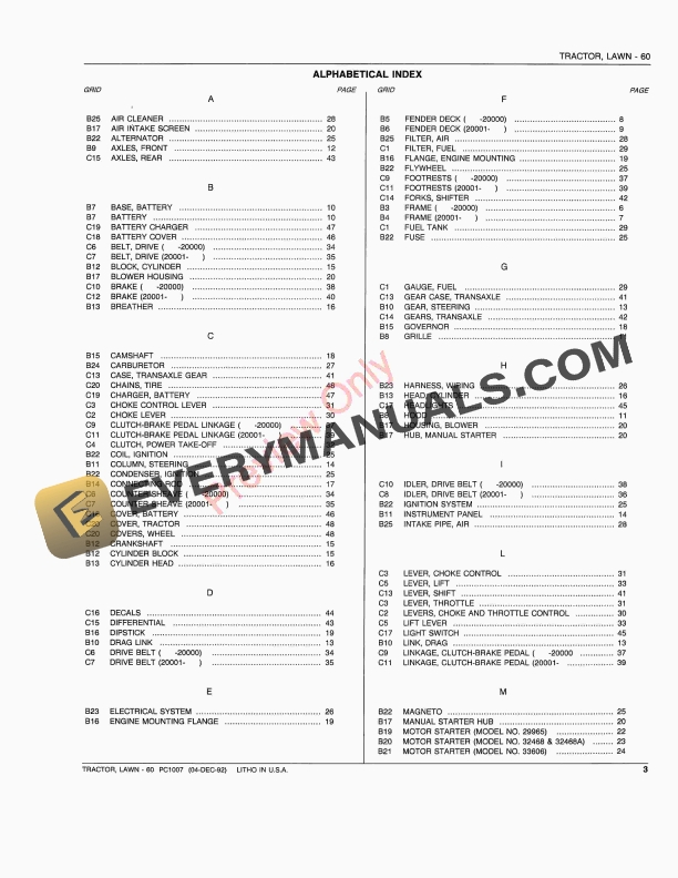John Deere 60 Lawn Tractors000001 008000 Parts Catalog PC1007 04DEC92 5