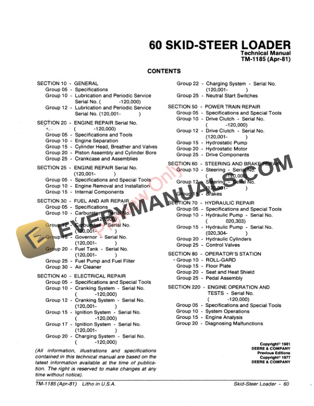 John Deere 60 Skid Steer Loader Technical Manual TM1185 01APR81 3