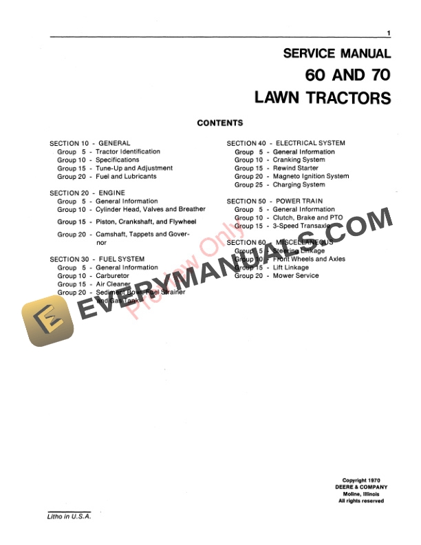 John Deere 60 and 70 Lawn Tractors Service Manual SM2092 01APR73 3