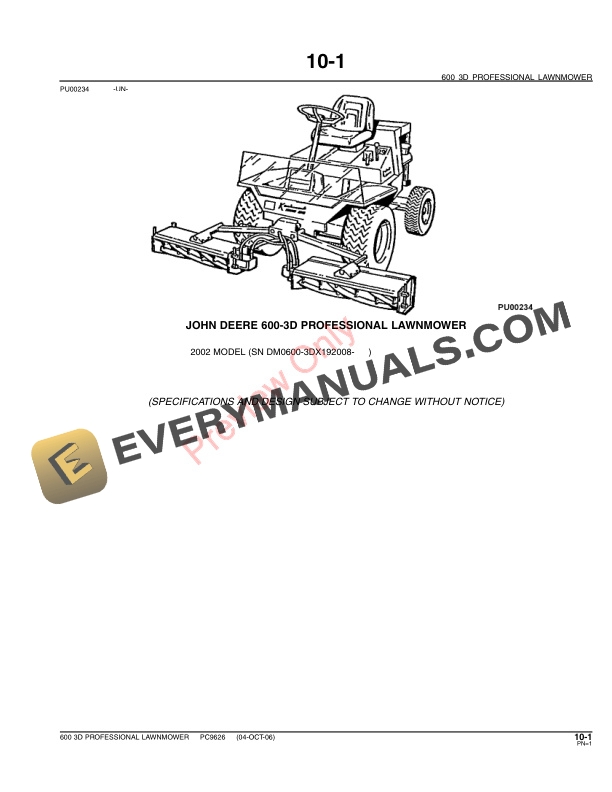 John Deere 600 3D Professional Lawnmower Parts Catalog PC9626 04OCT06-3