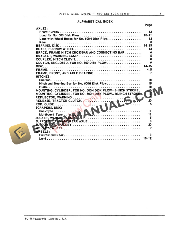 John Deere 600, 600H Drawn Disk Plows Parts Catalog PC283 01AUG66-3